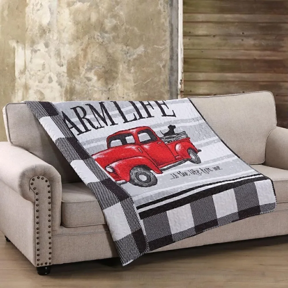 NEW! Farmhouse Vintage Red Truck Quilted Throw Blanket Farm Life Country Lodge